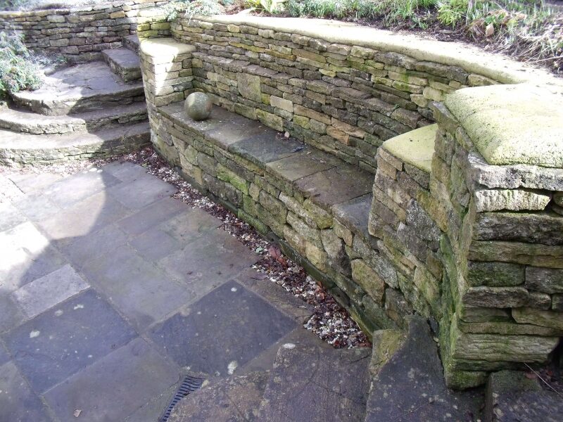 Detail of dry stone bench seat and coping stones, Bladon Oxfordshire